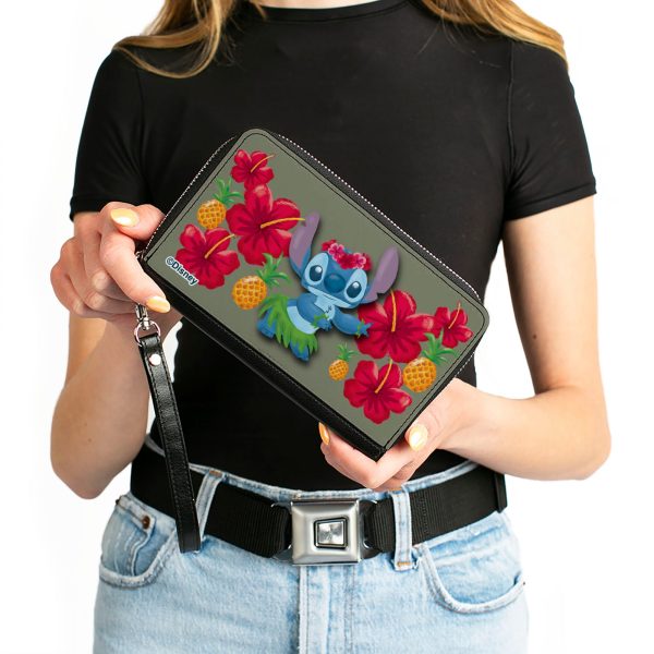 PU Zip Around Wallet Rectangle - Lilo & Stitch Stitch Hula Pose and Hibiscus Flowers Pineapples Gray For Cheap - Image 4