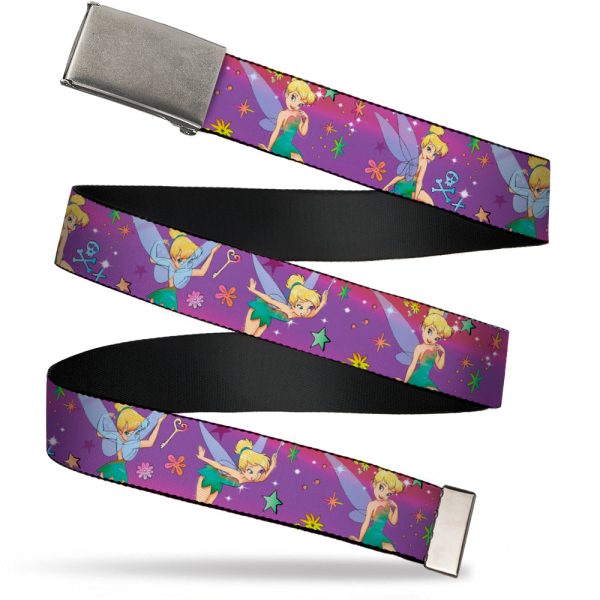Web Belt Blank Matte Buckle - Tinker Bell Poses Flowers Stars Skull Purple Webbing Cheap
