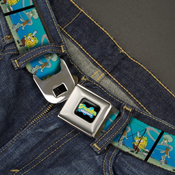 SpongeBob SquarePants Logo Full Color Black Blues Seatbelt Belt - SpongeBob SquarePants and Squidward Pizza Scene Pose Blocks Webbing Online Sale - Image 2